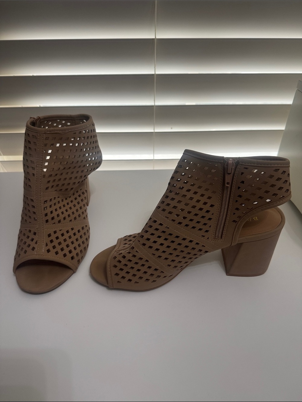 BAMBOO Perforated Open-Toe Block Heel Sandals - Tan